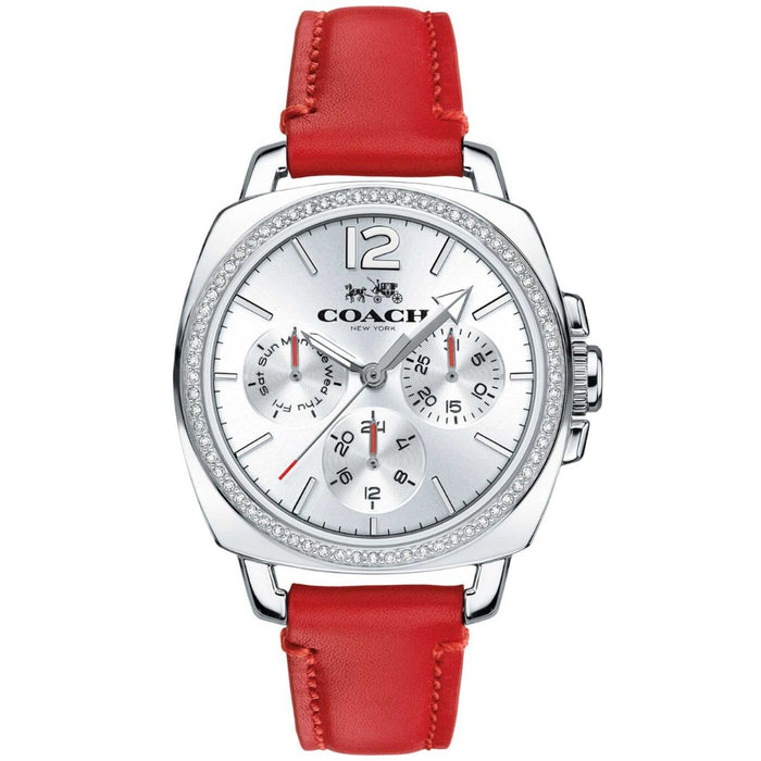 Coach Women’s Crystal Multifunction Watch – Silver Dial, Red Leather Strap 14502171 - Authentic