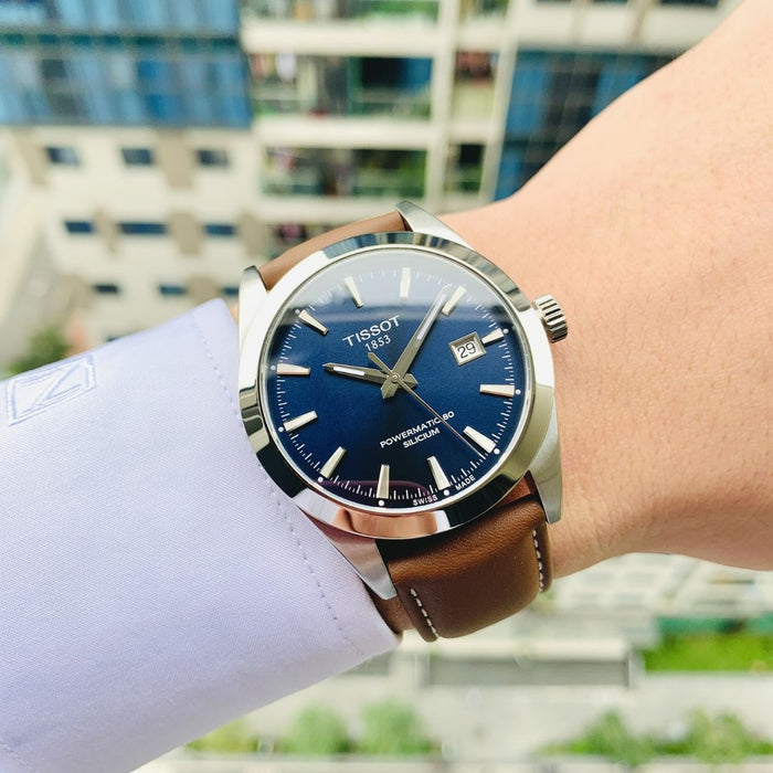 Tissot Gentleman Powermatic 80 Silicium Blue Dial – Brown Leather Strap t127.407.16.041.00 - Authentic