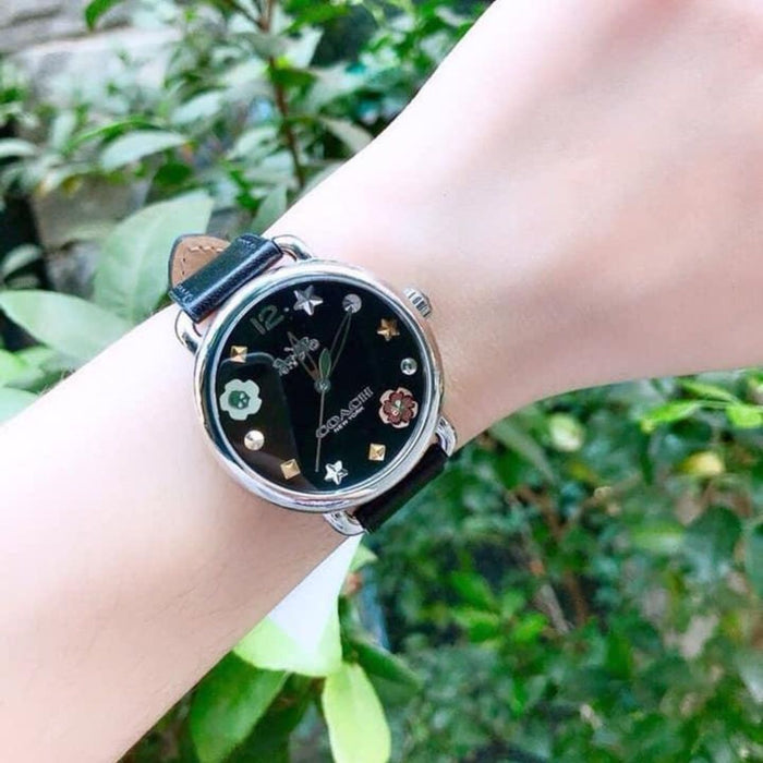 Coach Women’s Silver Watch with Black Dial & Black Leather Strap 14502780 - Authentic