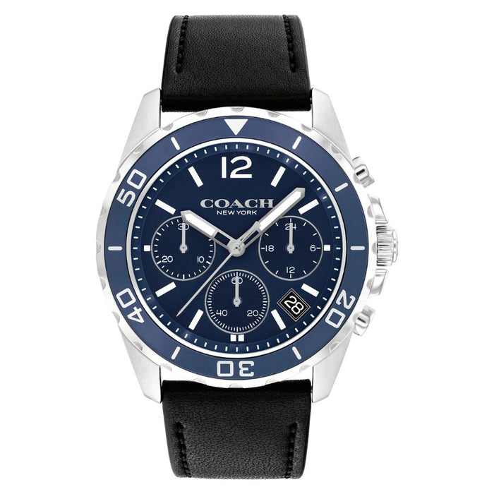 Coach Chronograph Watch – Blue Dial & Bezel with Black Leather Strap 14602666 - Authentic