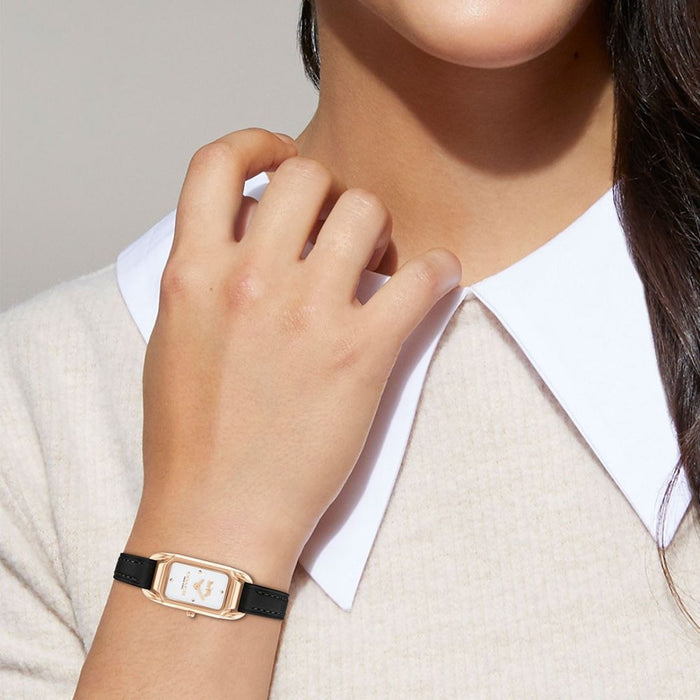 Coach New York Rose Gold Rectangular Women’s Watch – Black Leather Strap 14504027 - Authentic