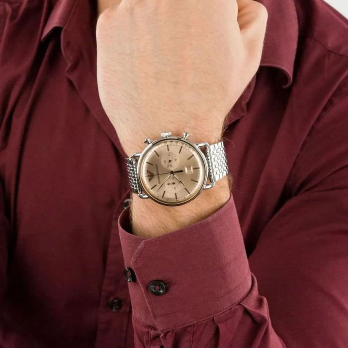 Emporio Armani AR11239 Chronograph Men’s Watch – Silver Stainless Steel with Beige Dial - Authentic