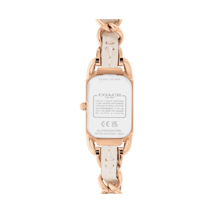 Coach Rectangular Rose Gold Women’s Watch with White Dial & Chain Leather Bracelet 14504283 - Authentic