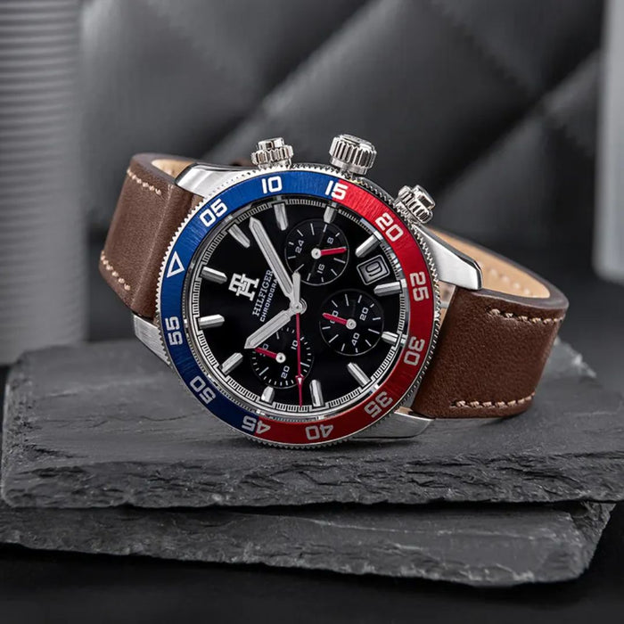 Tommy Hilfiger Chronograph – Red & Blue Bezel with Brown Leather Strap 1792166 - Authentic