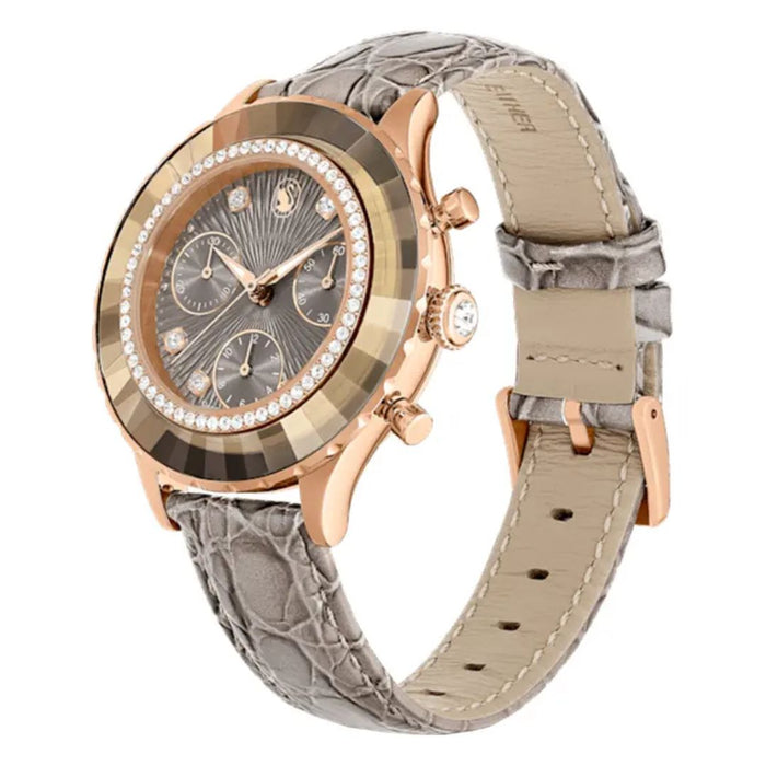 Rose Gold Chronograph Watch with Crystal Bezel & Grey Leather Strap 5671153 - Authentic
