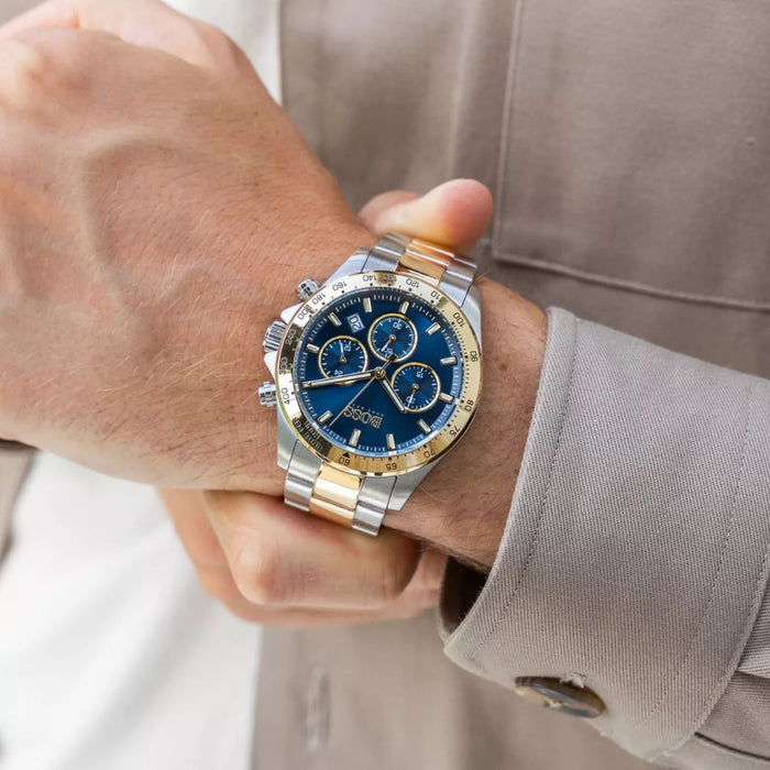 Hugo Boss Men’s Two-Tone Chronograph Tachymeter Watch Blue Dial | Luxury Sport 1513767 - Authentic