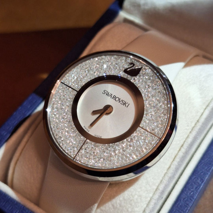 Swarovski Crystalline Pure Silver-Tone White Leather Watch 1135989 - Authentic
