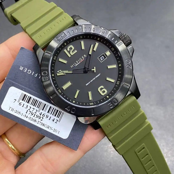 Tommy Hilfiger Black Dial Military Green Silicone Strap 1791992 - Authentic