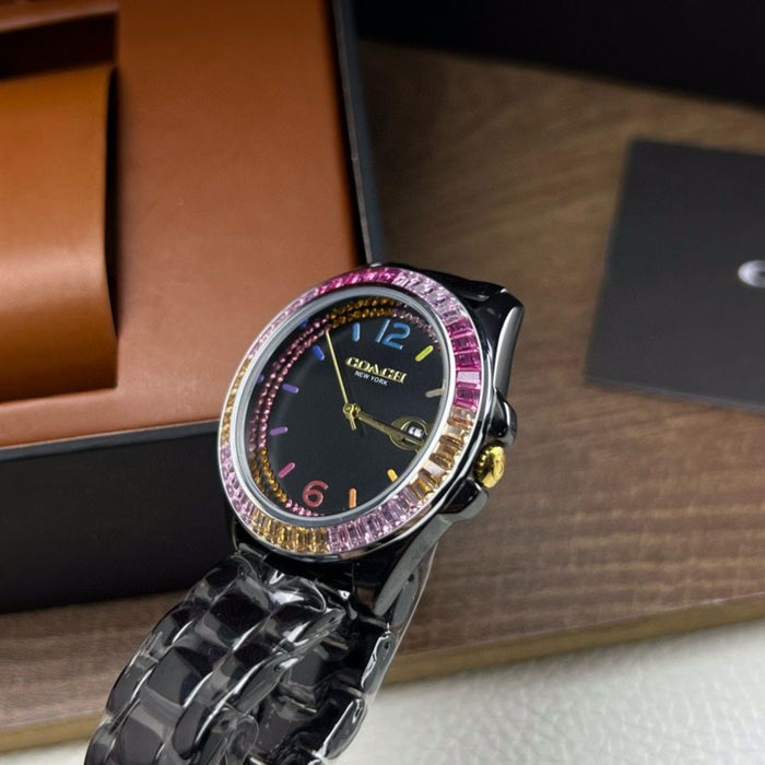 Coach Women’s Black Stainless Steel Watch – Rainbow Crystal Bezel & Date Display 14504018 - Authentic