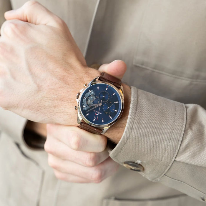 Tommy Hilfiger Men’s Gold-Tone Blue Dial Watch with Brown Leather Strap 1710453 - Authentic