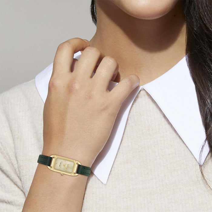 Coach New York Gold Rectangular Women’s Watch – Green Leather Strap 14504350 - Authentic