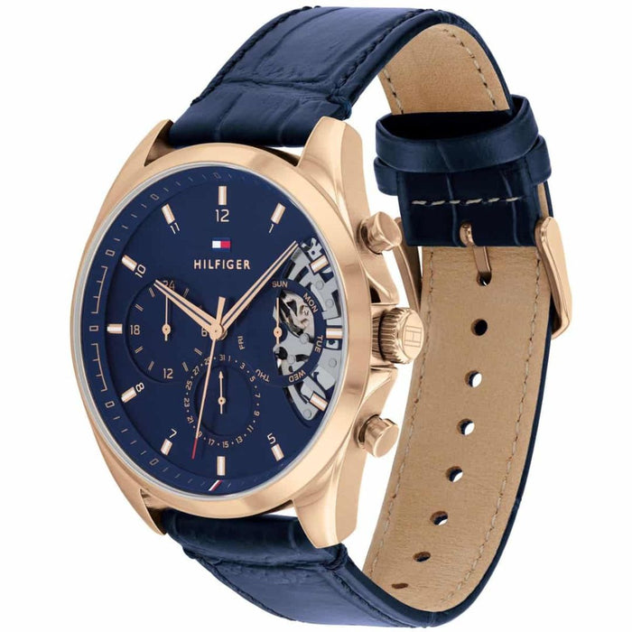 Tommy Hilfiger Men’s Gold-Tone Blue Dial Watch with Blue Leather Strap 1710451 - Authentic