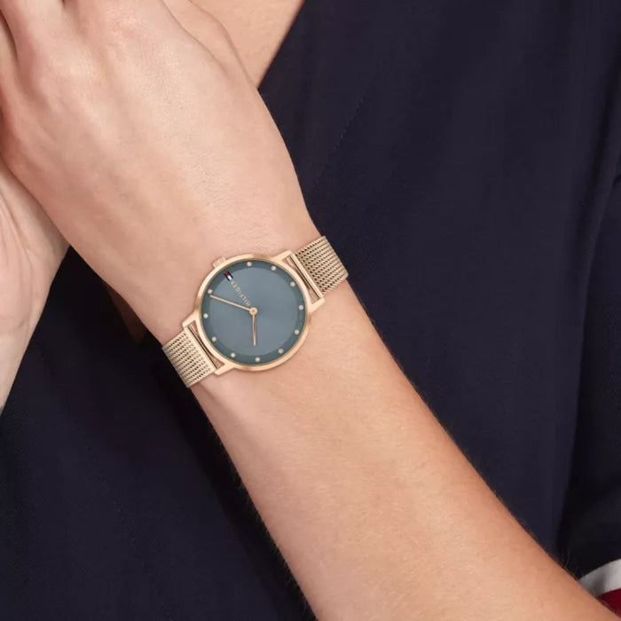 Tommy Hilfiger Women’s Rose Gold Watch with Blue Dial and Mesh Bracelet 1782669 - Authentic