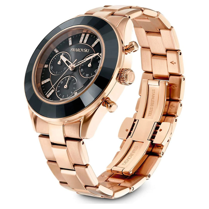 Swarovski Rose Gold Chronograph Watch with Black Dial & Crystal Indexes 5610478 - Authentic