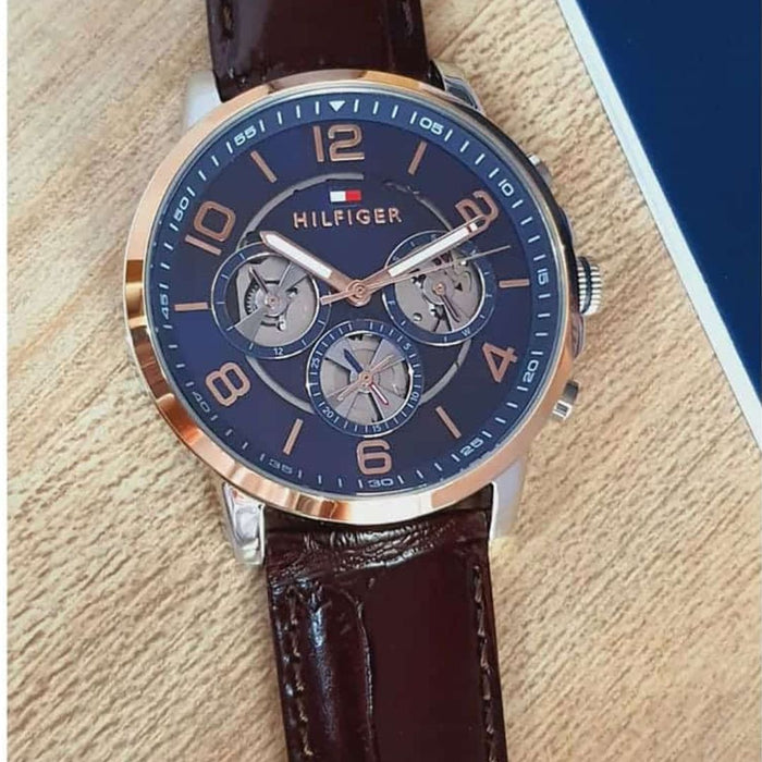 Tommy Hilfiger Men’s Blue Dial Chronograph Watch with Brown Leather 1791290 - Authentic