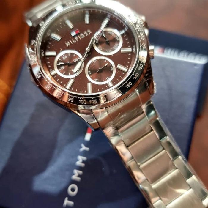 Tommy Hilfiger Men’s Silver Chronograph Watch with Brown Dial 1791229 - Authentic
