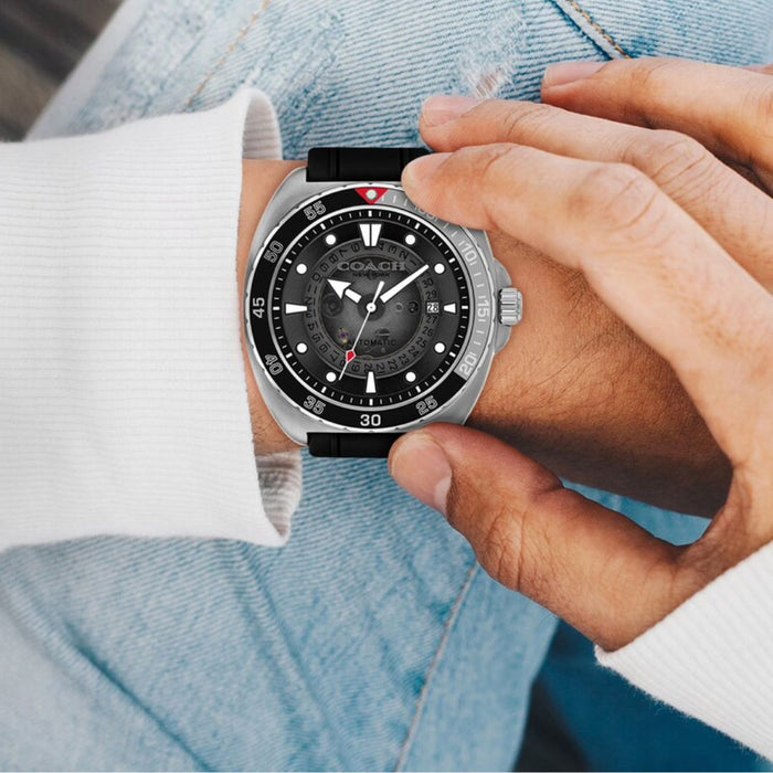 Coach New York Automatic Diver Watch – Black Dial & Black Rubber Strap 14602715 - Authentic