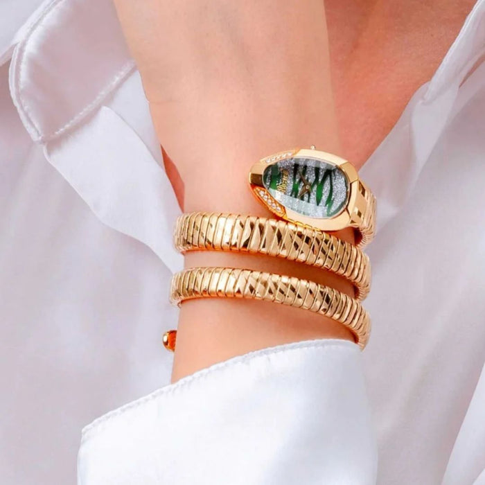 Just Cavalli Serpente Gold Green Glitter Dial Women’s Watch JC1L226M0035 - Authentic
