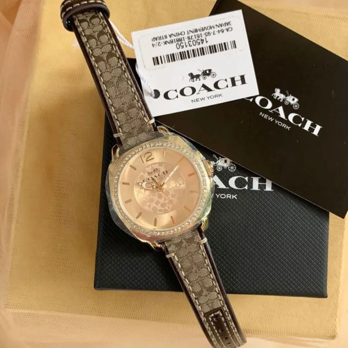 Coach Women’s Gold-Tone Crystal Bezel Watch with Brown Leather Strap 14503150 - Authentic