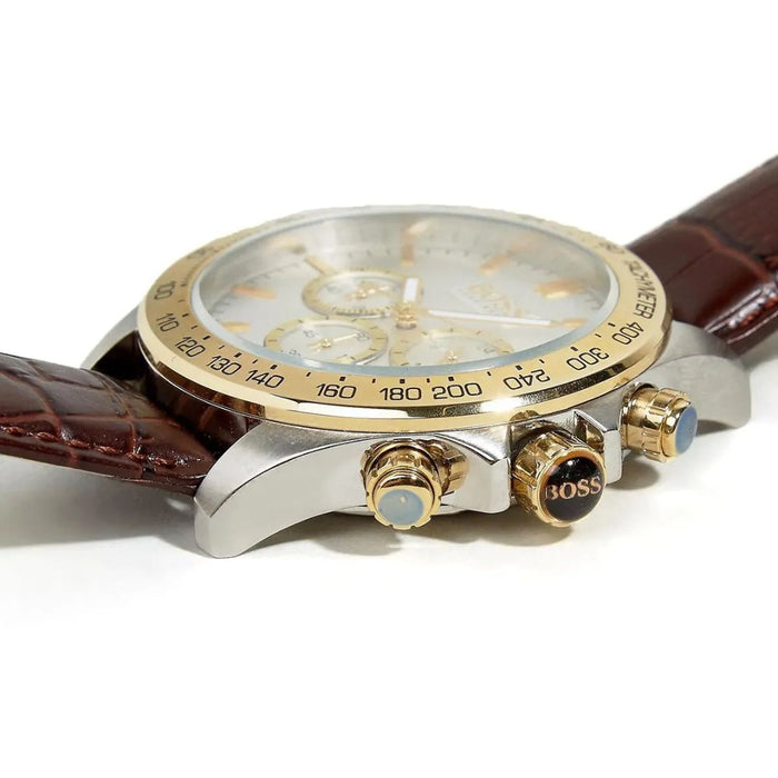 Hugo Boss Champion Chronograph – White & Gold Dial - Brown Leather Strap 1513174 - Authentic