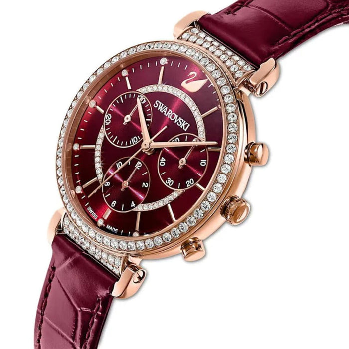Swarovski Crystalline Delight Chronograph Burgundy Leather Watch - 5580345 - Authentic