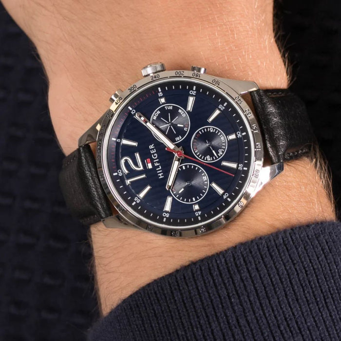 Tommy Hilfiger Men’s Blue Chronograph Watch with Black Leather Strap 1791468 - Authentic