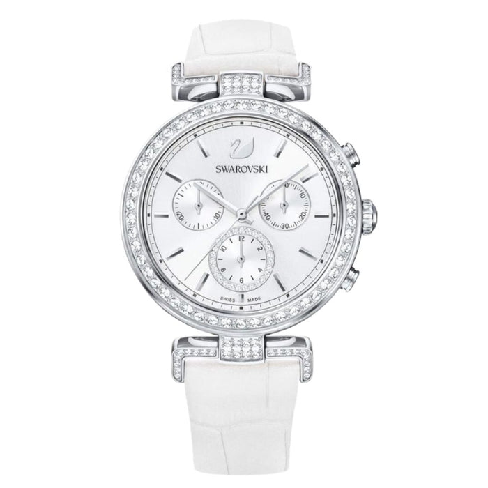 Swarovski Octea Lux Chronograph Women’s Watch – Silver Crystal Bezel & White Leather Strap 5295346 - Authentic