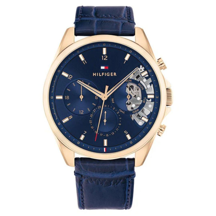 Tommy Hilfiger Men’s Gold-Tone Blue Dial Watch with Blue Leather Strap 1710451 - Authentic