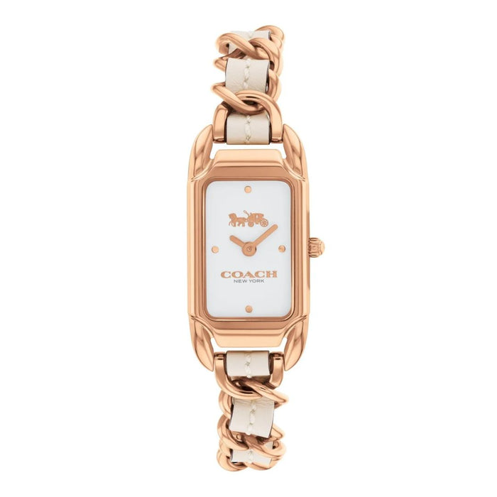 Coach Rectangular Rose Gold Women’s Watch with White Dial & Chain Leather Bracelet 14504283 - Authentic