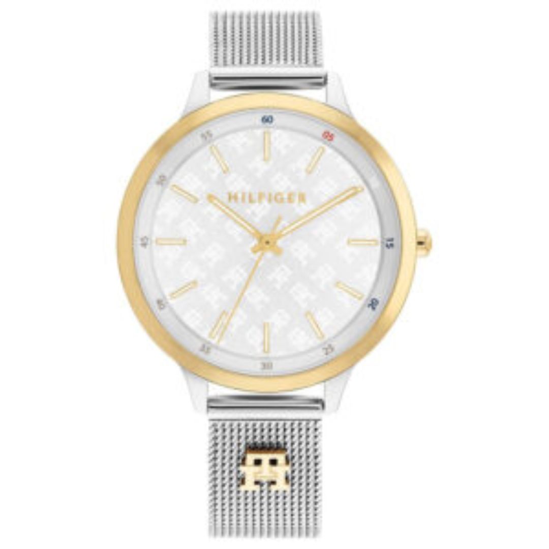 Tommy Hilfiger Silver & Gold Mesh Watch – White Monogram Dial 1782586 ...