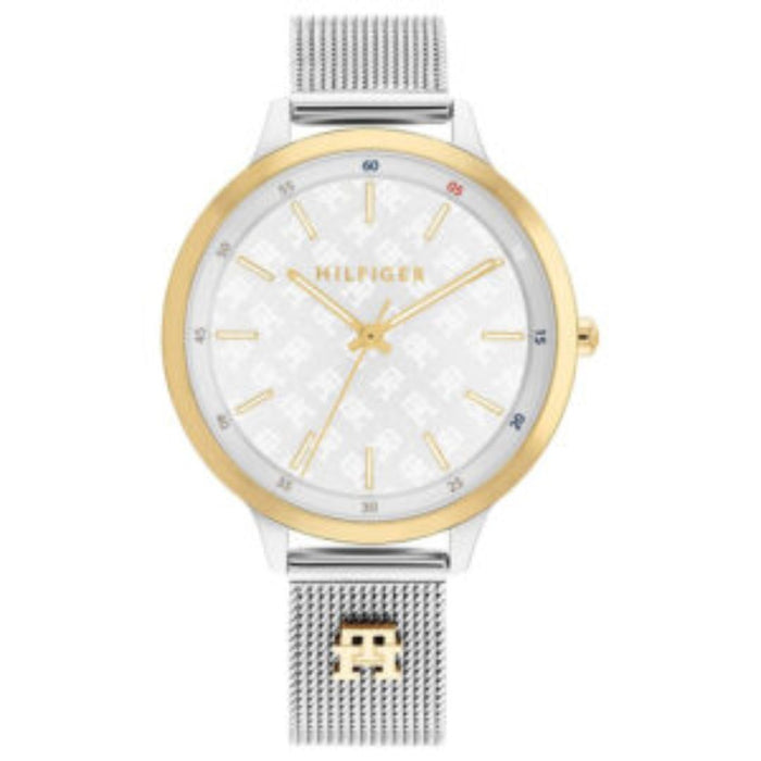 Tommy Hilfiger Silver & Gold Mesh Watch – White Monogram Dial 1782586 - Authentic