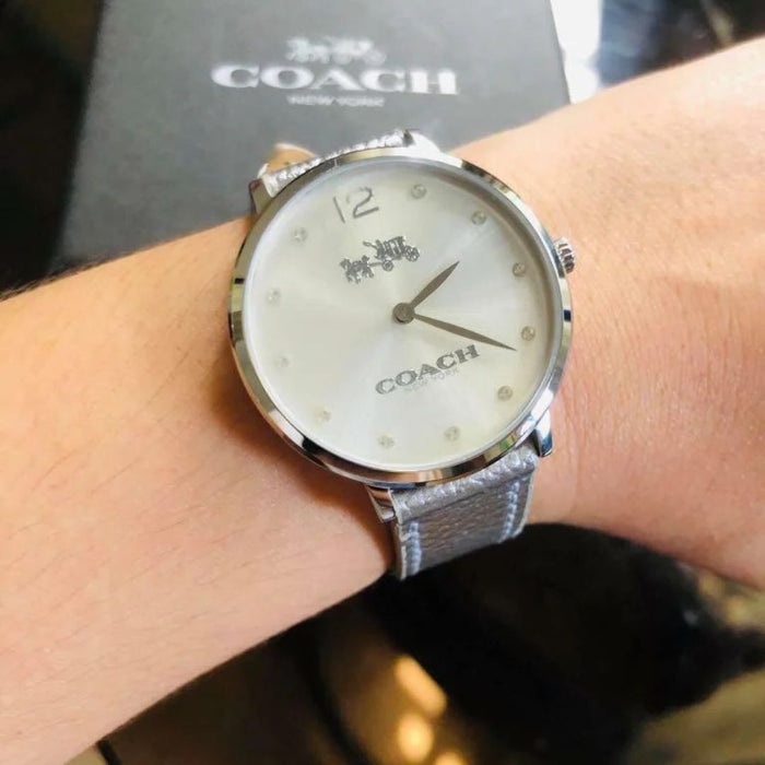 Coach Women’s Silver Dial Watch with Stainless Steel Case & Grey Leather Strap 14502686 - Authentic
