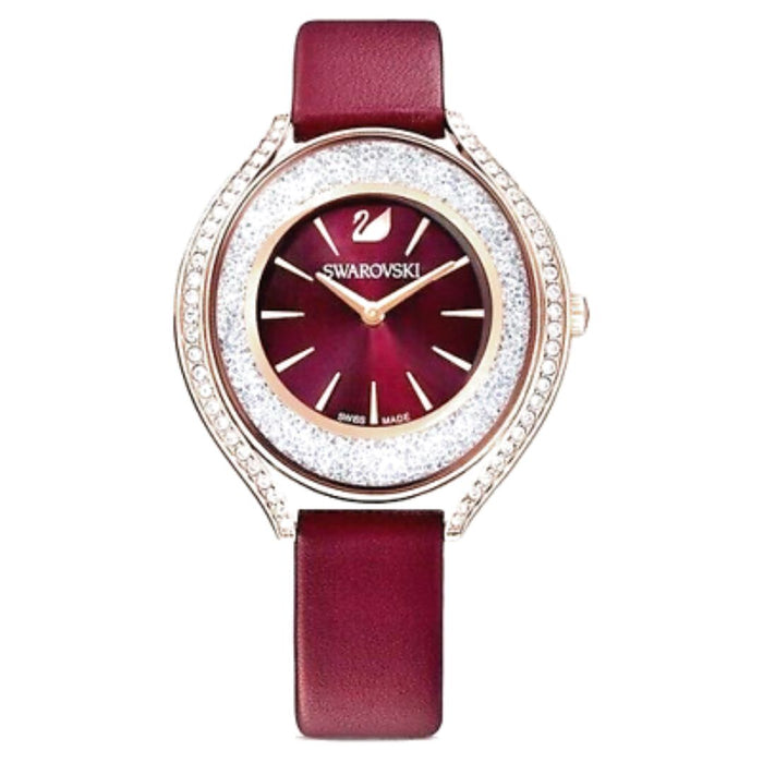 Swarovski Women’s Rose Gold Crystal Watch – Burgundy Dial & Leather Strap 5558637 - Authentic