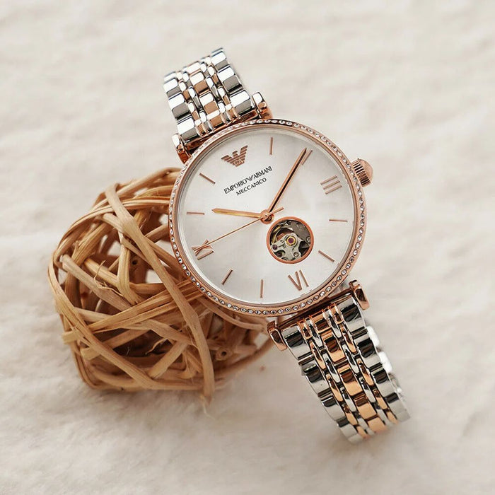 Emporio Armani Meccanico Women's Two-Tone Rose Gold & Silver Skeleton Bracelet Watch AR60019 - Authentic