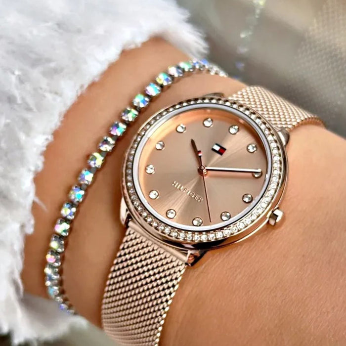 Tommy Hilfiger Rose Gold Crystal Bezel Mesh Watch for Women 1782700 - Authentic