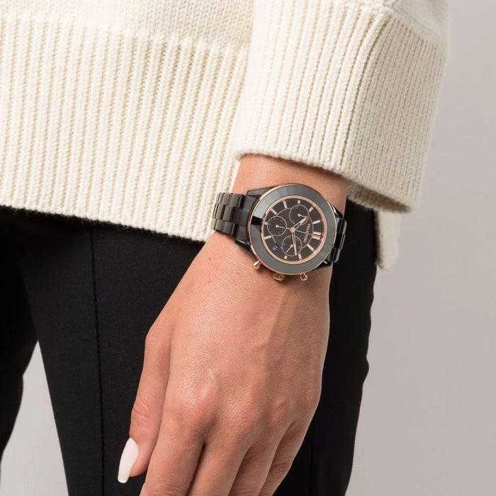 Swarovski Black Ceramic Chronograph Watch with Rose Gold Accents 5610472 - Authentic
