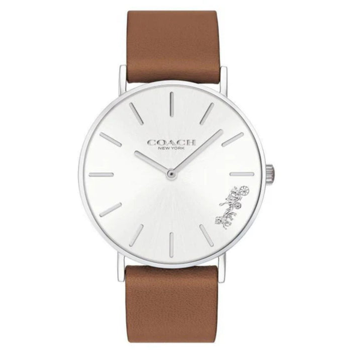 Coach Silver Case Leather Strap Watch – White Dial Quartz Timepiece 14503120 - Authentic