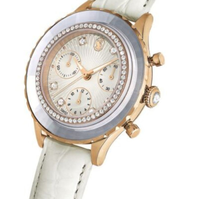 Swarovski Rose Gold Chronograph Watch – White Dial & White Leather Strap 5671150 - Authentic