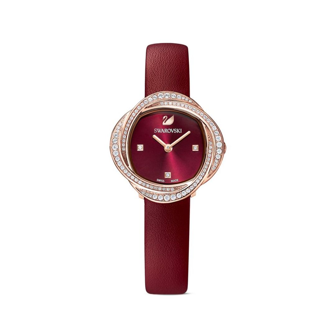 Swarovski Crystal Rose Gold Watch – Burgundy Dial & Leather Strap (Swi ...