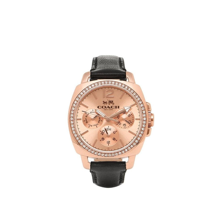 Coach Women’s Crystal Multifunction Watch – Rose Gold Dial, Black Leather Strap 14502125 - Authentic
