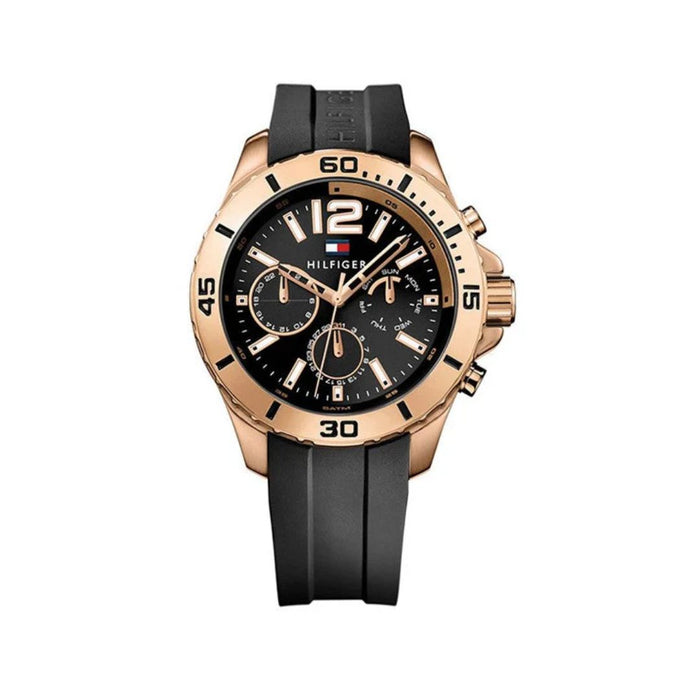 Tommy Hilfiger Chronograph Black Dial Rose Gold Case & Black Rubber 1791145 - Authentic