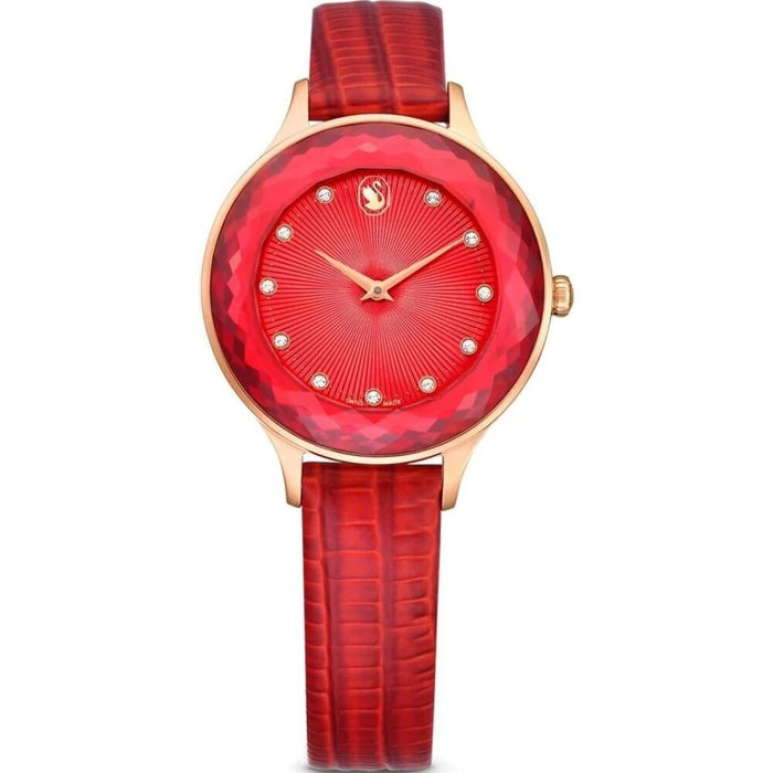 Swarovski Crystalline Aura Women’s Watch – Red Crystal Bezel & Red Leather Strap 5650002 - Authentic