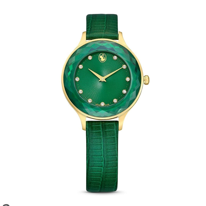 Swarovski Crystalline Aura Women’s Watch – Gold Case with Emerald Green Leather Strap 5650005 - Authentic