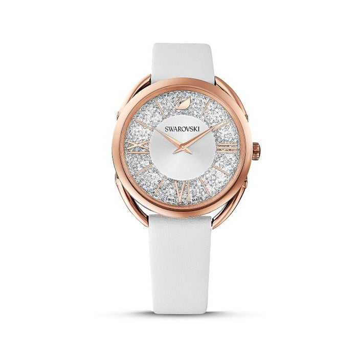 Swarovski Rose Gold Crystal Dial Watch – White Leather Strap | Swiss Made 5452459 - Authentic