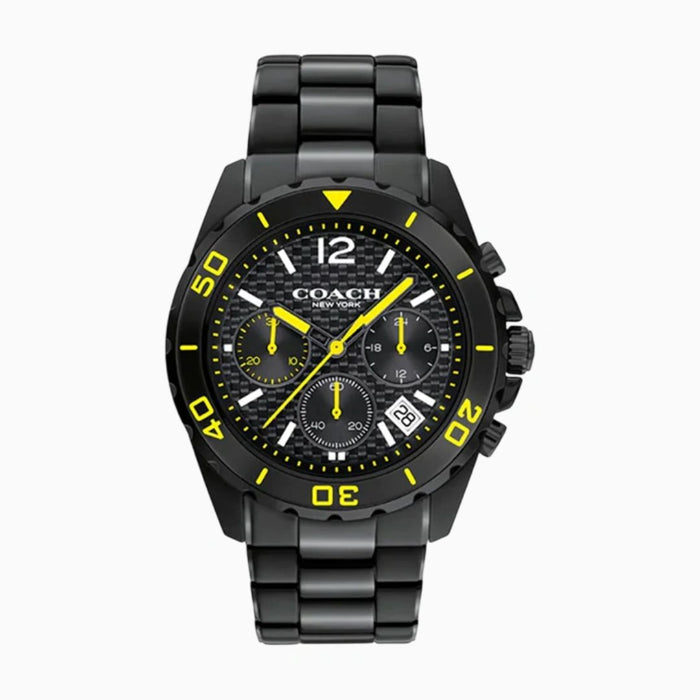 Coach Men’s Chronograph Watch – Black Stainless Steel with Yellow Accents 14602563 - Authentic