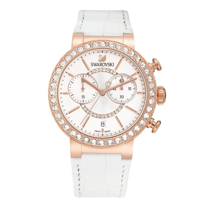 Swarovski Women’s Chronograph Watch – Rose Gold Crystal Bezel & White Leather Strap | Swiss Made 5080602 - Authentic