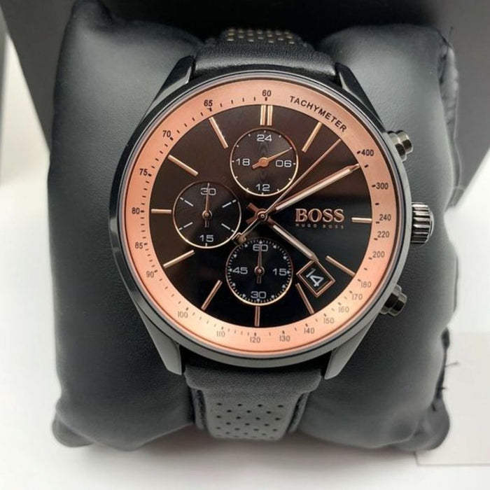 Hugo Boss Grand Prix Chronograph – Black & Rose Gold (Leather Strap) 1513550 - Authentic