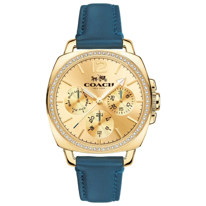 Coach Women’s Crystal Chronograph Watch – Gold Dial, Blue Leather Strap 14502124 - Authentic