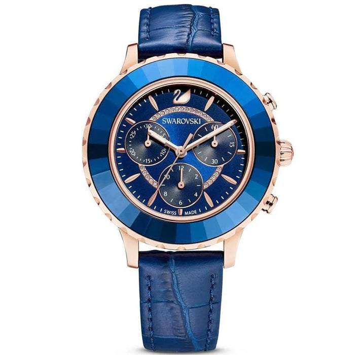 Swarovski Octea Lux Chronograph Blue Leather Watch - 5563480 - Authentic