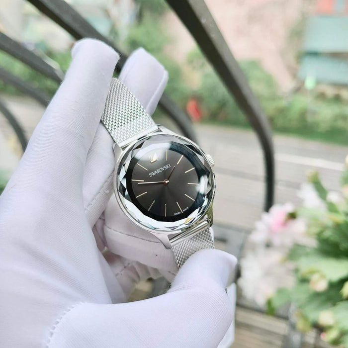 Swarovski Crystal Frost Black Dial Stainless Steel Mesh Watch 5430420 - Authentic